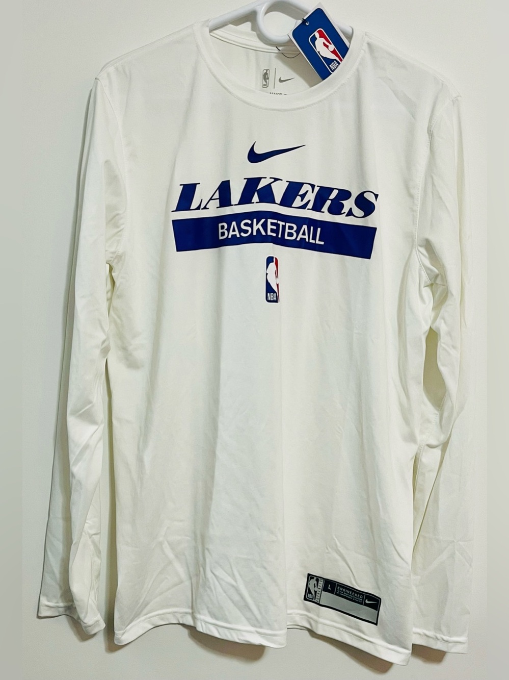Nike White Lakers Basketball Long Sleeve Tee with Navy Logo